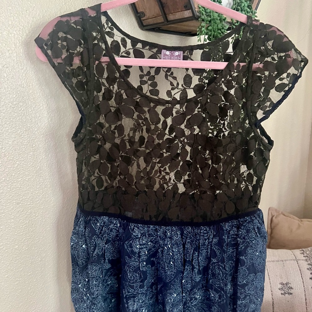 Black Lace Top with Navy Paisley Skirt Dress